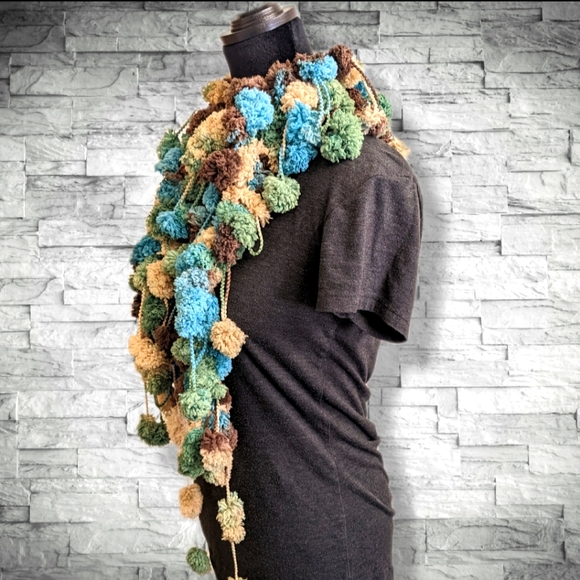 Handmade Fluffy Scarf by me!! Super Soft Puff Balls Green Aqua Blue Brown - Picture 9 of 12